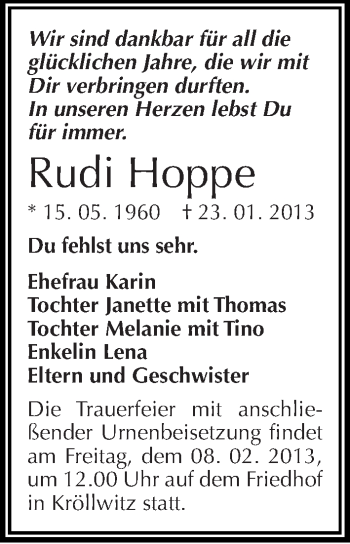 Traueranzeige von Rudi Hoppe von Mitteldeutsche Zeitung Halle/Saalkreis