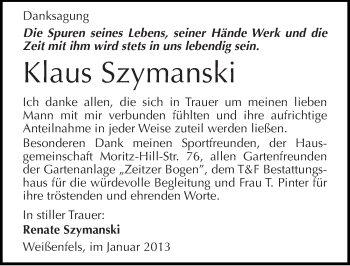 Traueranzeige von Klaus Szymanski von Mitteldeutsche Zeitung Weißenfels