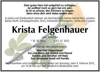 Traueranzeige von Krista Felgenhauer von Mitteldeutsche Zeitung Sangerhausen