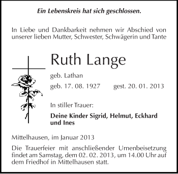 Traueranzeige von Ruth Lange von Mitteldeutsche Zeitung Sangerhausen