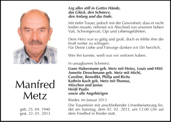 Traueranzeige von Manfred Metz von Mitteldeutsche Zeitung Quedlinburg