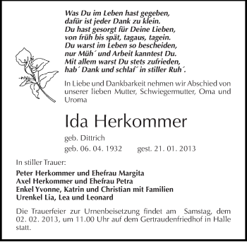 Traueranzeige von Ida Herkommer von Mitteldeutsche Zeitung Halle/Saalkreis