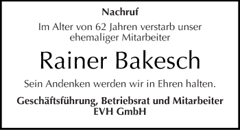 Traueranzeige von Rainer Bakesch von Mitteldeutsche Zeitung Halle/Saalkreis