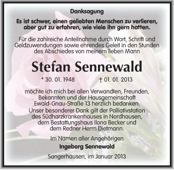 Traueranzeige von Stefan Sennewald von Mitteldeutsche Zeitung Sangerhausen