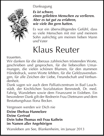 Traueranzeige von Klaus Reuter von Mitteldeutsche Zeitung Mansfelder Land