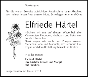 Traueranzeige von Elfriede Härtel von Mitteldeutsche Zeitung Sangerhausen