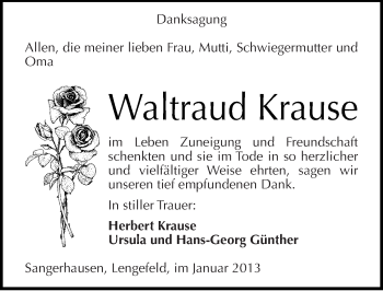Traueranzeige von Waltraud Krause von Mitteldeutsche Zeitung Sangerhausen