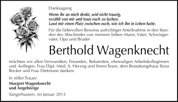 Traueranzeige von Berthold Wagenknecht von Mitteldeutsche Zeitung Sangerhausen