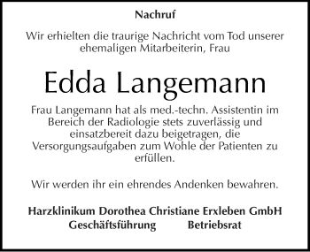 Traueranzeige von Edda Langemann von Mitteldeutsche Zeitung Quedlinburg