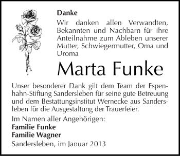 Traueranzeige von Marta Funke von Mitteldeutsche Zeitung Mansfelder Land