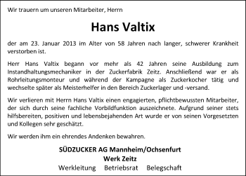 Traueranzeige von Hans Valtix von Mitteldeutsche Zeitung Zeitz