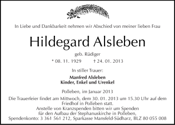 Traueranzeige von Hildegard Alsleben von Mitteldeutsche Zeitung Mansfelder Land