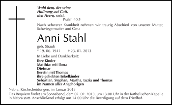 Traueranzeige von Anni Stahl von Mitteldeutsche Zeitung Naumburg/Nebra