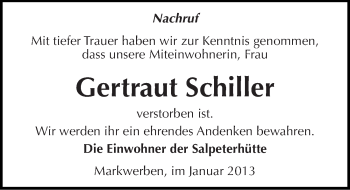 Traueranzeige von Gertraut Schiller von Mitteldeutsche Zeitung Weißenfels