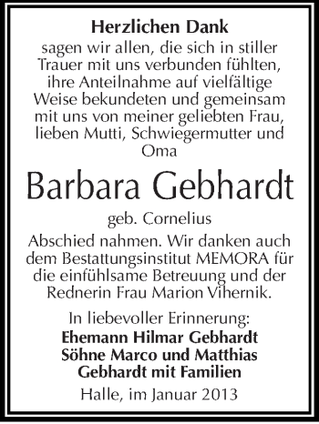 Traueranzeige von Barbara Gebhardt von Mitteldeutsche Zeitung Halle/Saalkreis
