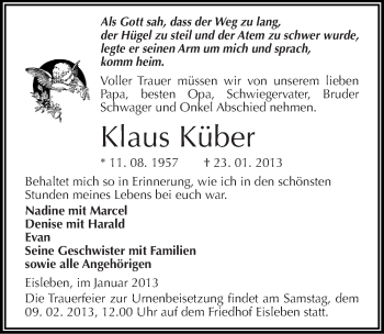 Traueranzeige von Klaus Küber von Mitteldeutsche Zeitung Mansfelder Land