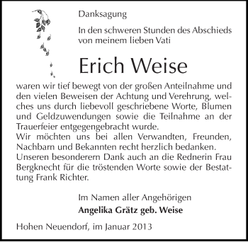 Traueranzeige von Erich Weise von Mitteldeutsche Zeitung Sangerhausen