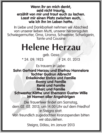 Traueranzeige von Helene Herzau von Mitteldeutsche Zeitung Merseburg/Querfurt