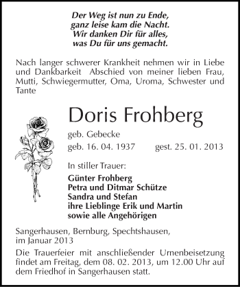 Traueranzeige von Doris Frohberg von Mitteldeutsche Zeitung Sangerhausen