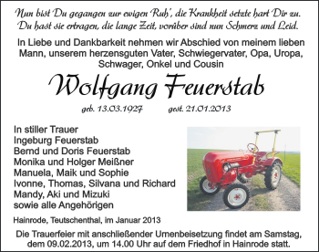 Traueranzeige von Wolfgang Feuerstab von Mitteldeutsche Zeitung Sangerhausen