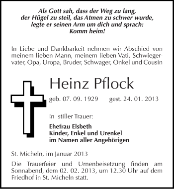 Traueranzeige von Heinz Pflock von Mitteldeutsche Zeitung Merseburg/Querfurt