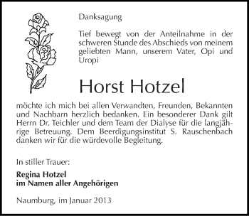 Traueranzeige von Horst Hotzel von Mitteldeutsche Zeitung Naumburg/Nebra
