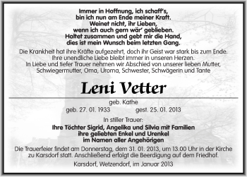 Traueranzeige von Leni Vetter von Mitteldeutsche Zeitung Naumburg/Nebra
