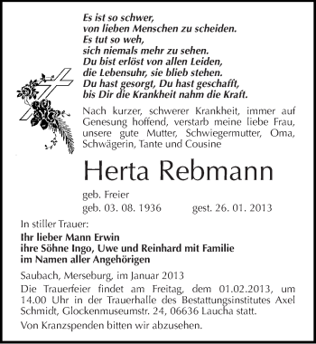 Traueranzeige von Herta Rebmann von Mitteldeutsche Zeitung Naumburg/Nebra