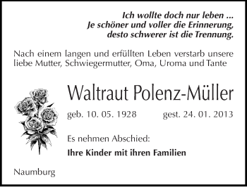 Traueranzeige von Waltraut Polenz-Müller von Mitteldeutsche Zeitung Naumburg/Nebra