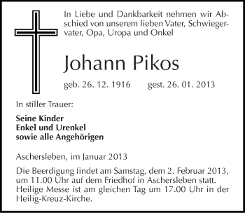 Traueranzeige von Johann Pikos von Mitteldeutsche Zeitung Aschersleben