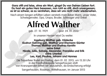 Traueranzeige von Alfred Walther von Mitteldeutsche Zeitung Sangerhausen