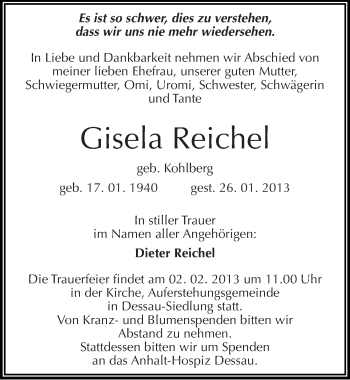 Traueranzeige von Gisela Reichel von Mitteldeutsche Zeitung Dessau-Roßlau