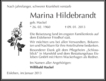 Traueranzeige von Marina Hildebrandt von Mitteldeutsche Zeitung Mansfelder Land