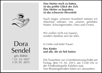 Traueranzeige von Dora Sendel von Mitteldeutsche Zeitung Mansfelder Land