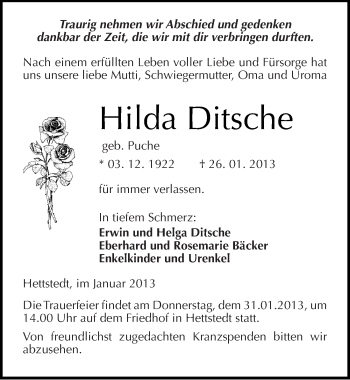 Traueranzeige von Hilda Ditsche von Mitteldeutsche Zeitung Mansfelder Land