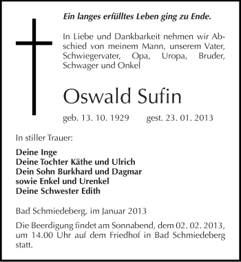 Traueranzeige von Oswald Sufin von Mitteldeutsche Zeitung Wittenberg