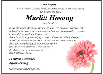 Traueranzeige von Marlitt Hosang von Mitteldeutsche Zeitung Sangerhausen