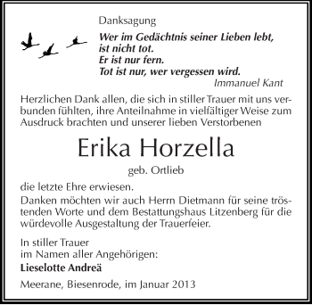 Traueranzeige von Erika Horzella von Mitteldeutsche Zeitung Mansfelder Land