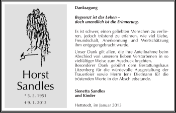 Traueranzeige von Horst Sandles von Mitteldeutsche Zeitung Mansfelder Land