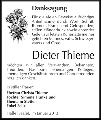 Traueranzeige von Dieter Thieme von Mitteldeutsche Zeitung Halle/Saalkreis