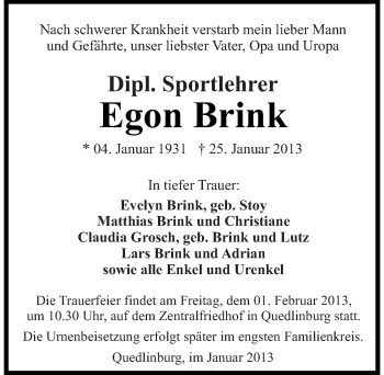 Traueranzeige von Egon Brink von Mitteldeutsche Zeitung Quedlinburg