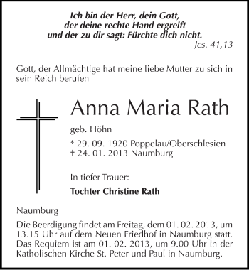 Traueranzeige von Anna Maria Rath von Mitteldeutsche Zeitung Naumburg/Nebra