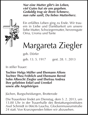 Traueranzeige von Margareta Ziegler von Mitteldeutsche Zeitung Naumburg/Nebra