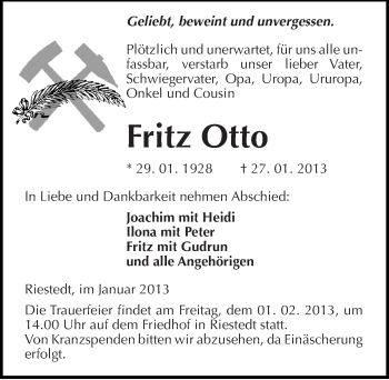 Traueranzeige von Fritz Otto von Mitteldeutsche Zeitung Sangerhausen
