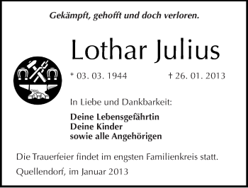 Traueranzeige von Lothar Julius von Mitteldeutsche Zeitung Köthen