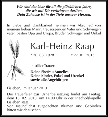 Traueranzeige von Karl-Heinz Raap von Mitteldeutsche Zeitung Mansfelder Land