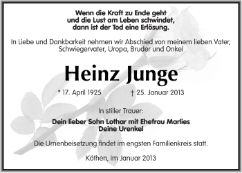 Traueranzeige von Heinz Junge von Mitteldeutsche Zeitung Köthen