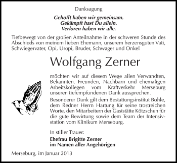 Traueranzeige von Wolfgang Zerner von Mitteldeutsche Zeitung Merseburg/Querfurt
