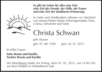 Traueranzeige von Christa Schwan von Mitteldeutsche Zeitung Halle/Saalkreis