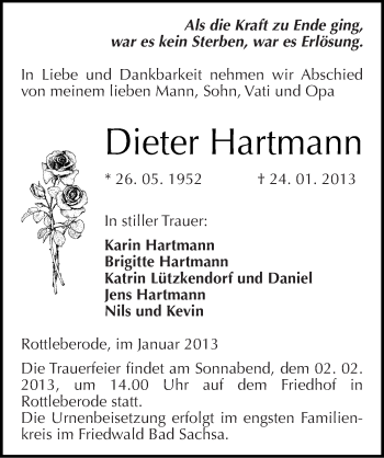 Traueranzeige von Dieter Hartmann von Mitteldeutsche Zeitung Sangerhausen